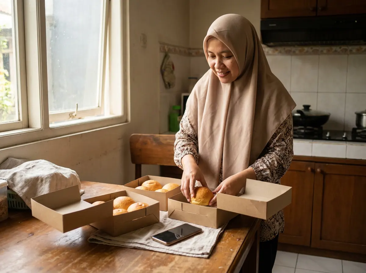 Pemilik toko roti mengemas pesanan di dapur