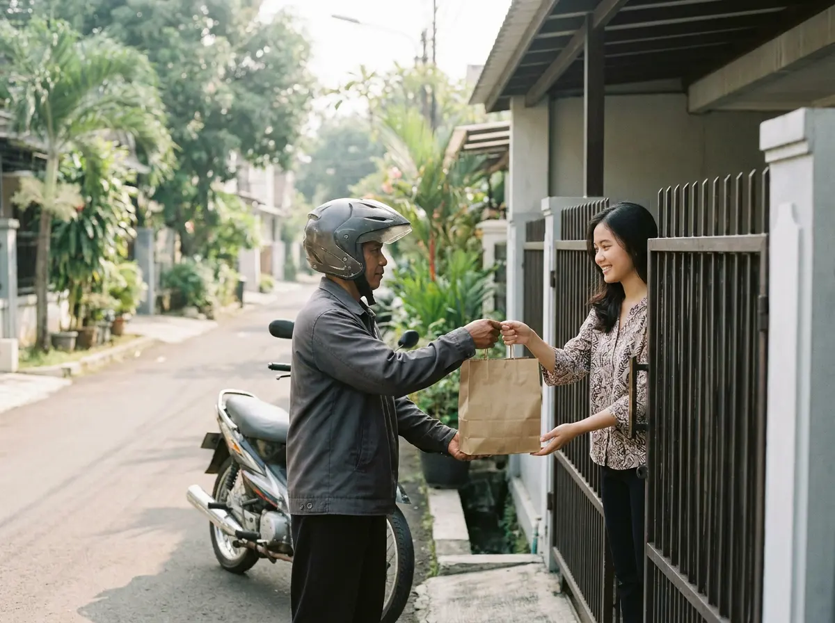 Kurir mengantar pesanan ke rumah pembeli