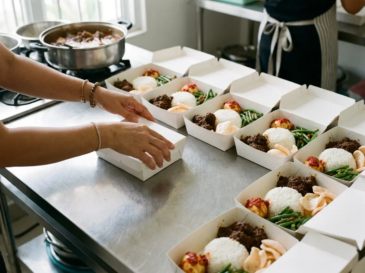 Menyiapkan nasi box pesanan katering
